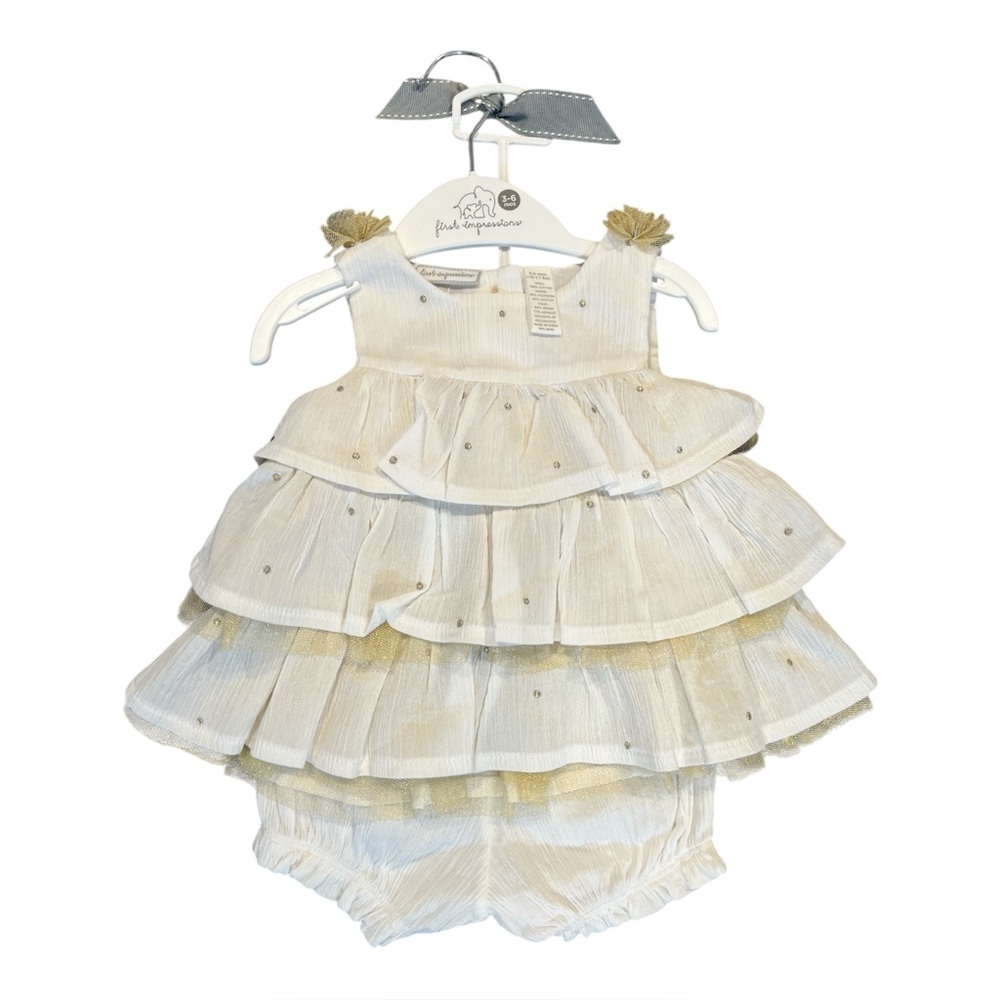 First Impressions Baby Girl’s Shirt & Short Set‎ White & Gold Tulle Size 3-6 M